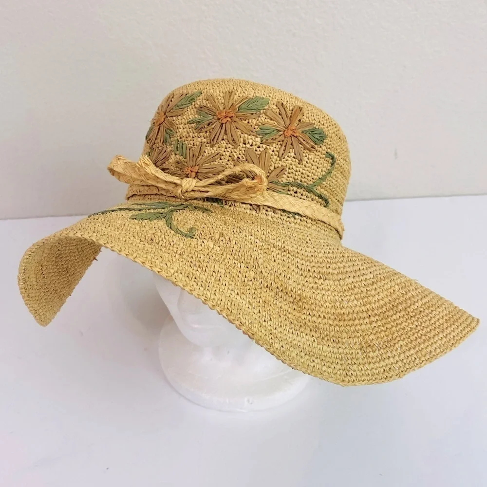 Callanan Straw Embroidered Flower Wide Brim Sun Hat OS